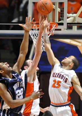 Andrew  Jones  of  Penn  St  and   Mike  Tisdale  and  Calvin  Brock  of  Illinois   contest   a  rebound  during  the  game.   picture  appears  courtesy  of  ap/photo/ Darrell   Hoemann  .....................