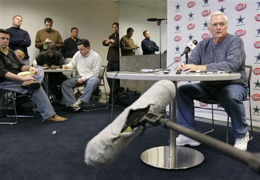 Cowboys' coach Wade Phillips  wraps up  his  press conference  with media  at the  Cowboys' Irving facility  in  Texas.