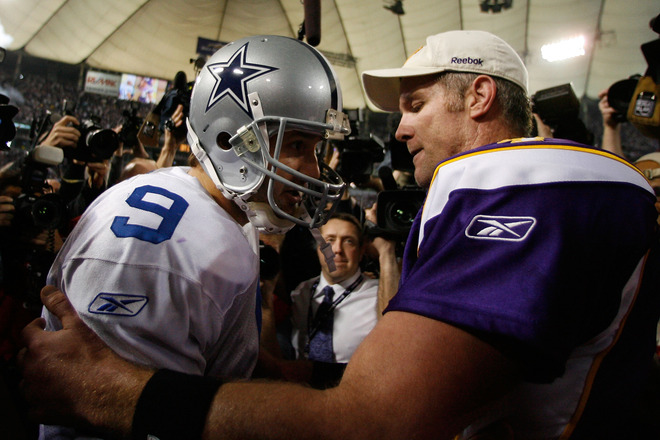 Quarterback Tony Romo (#9) of the Dallas Cowboys congratulates quarterback Brett Favre (#4) of the Minnesota Vikings on their 34-3 victory during the NFC Divisional Playoff Game at Hubert H. Humphrey Metrodome on January 17, 2010 in Minneapolis, Minnesota.  photo appears  courtesy  of Getty Images/  Elsa ..........