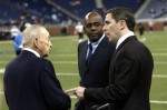 Detroit Lions owner William Clay Ford, left, listens to interim general manager Martin Mayhew and executive vice president Tom Lewand, right, before the Lions' NFL football game against the New Orleans Saints in Detroit, Sunday, Dec. 21, 2008. After the game, the Lions released a statement in which Ford said he expects Mayhew and Lewand to return next season. (AP Photo/Paul Sancya)
