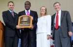 2010 inductee Andre Dawson (2nd L) receives his plaque from (L-R) National Baseball Hall of Fame President Jeff Idelson, Hall of Fame chairman Jane Forbes Clark, and MLB commissioner Bud Selig at Clark Sports Center during the Baseball Hall of Fame induction ceremony on July 25, 20010 in Cooperstown, New York. Dawson was an eight time all-star during his twenty one year career finishing with 438 home runs, 1,591 runs batted in, and 314 stolen bases.Dawson was also the National League Rookie of the Year in 1977 with Montreal as well as the National League MVP in 1987 with Chicago. Getty Images / Jim McIsaac